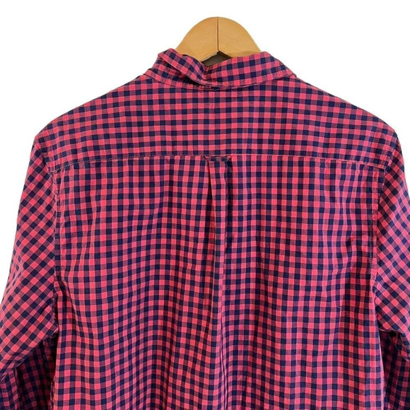 Denim & Flower Plaid Button Up Shirt Slim Fit Mens Size Large Red Navy Blue Thin - Picture 4 of 6